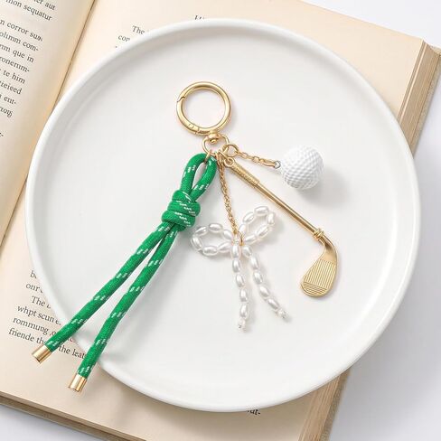 cobee Green Nylon Rope Golf Keychain for Women, Alloy Golf Club Ball Charm with Pearl Bow, Sporty Purse Charm and Bag Accessories in Kuwait