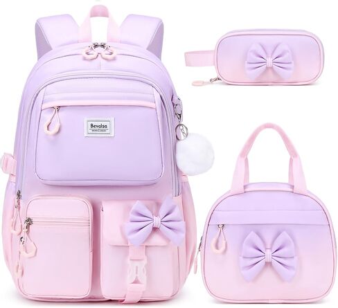 Bevalsa Backpack for Girls, Cute Bow School Bags for Kids with Lunch Bag & Pen Case, Bookbag for Girls Children Teens Elementary Middle Student, Back to School Gift with USB Charging Port in Saudi Arabia
