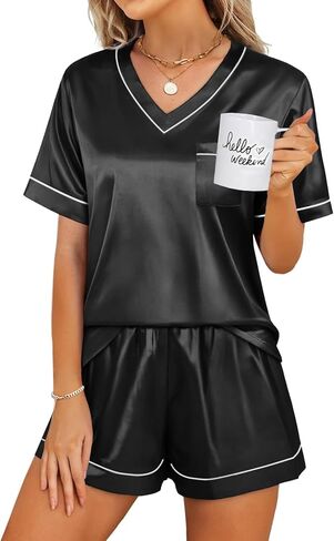 WIHOLL Silk Pajamas for Women Short Sleeve Sleepwear Soft Lounge Sets 2 Piece Satin Pjs in Kuwait