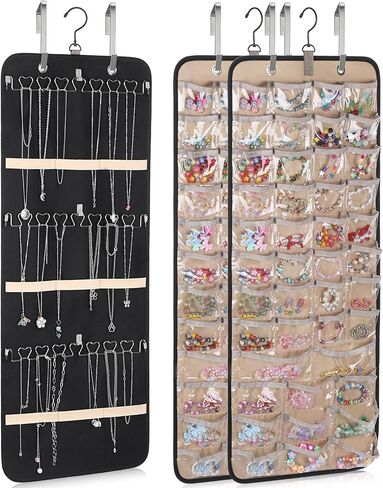 2 Pack Hanging Jewelry Organizer, Double-Sided Storage with 39 Pockets & 30 Hooks, Black, L Size with Hooks in Saudi Arabia