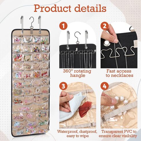2 Pack Hanging Jewelry Organizer, Double-Sided Storage with 39 Pockets & 30 Hooks, Black, L Size with Hooks in Saudi Arabia