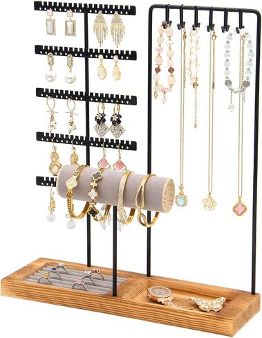 Jewelry Stand Organizer with Tray, Wooden Base Necklace Rack Tower, Jewelry Display for Rings, Earrings, Bracelets – for Bedroom, Bathroom or Boutique-Black in Saudi Arabia
