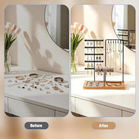 Jewelry Stand Organizer with Tray, Wooden Base Necklace Rack Tower, Jewelry Display for Rings, Earrings, Bracelets – for Bedroom, Bathroom or Boutique-Black in Saudi Arabia