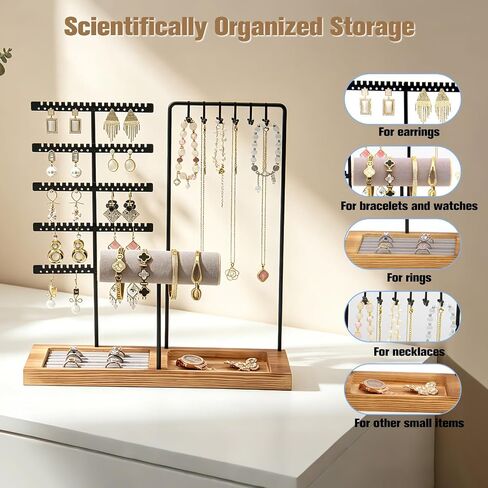 Jewelry Stand Organizer with Tray, Wooden Base Necklace Rack Tower, Jewelry Display for Rings, Earrings, Bracelets – for Bedroom, Bathroom or Boutique-Black in Saudi Arabia