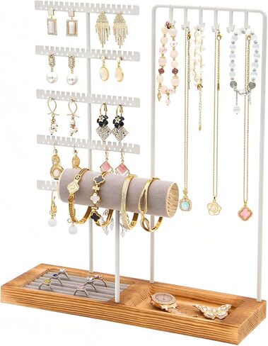Jewelry Stand Organizer with Tray, Wooden Base Necklace Rack Tower, Jewelry Display for Rings, Earrings, Bracelets – for Bedroom, Bathroom or Boutique-Black in Saudi Arabia