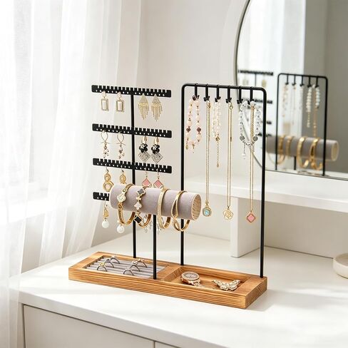 Jewelry Stand Organizer with Tray, Wooden Base Necklace Rack Tower, Jewelry Display for Rings, Earrings, Bracelets – for Bedroom, Bathroom or Boutique-Black in Saudi Arabia