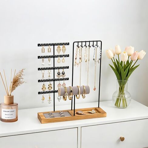 Jewelry Stand Organizer with Tray, Wooden Base Necklace Rack Tower, Jewelry Display for Rings, Earrings, Bracelets – for Bedroom, Bathroom or Boutique-Black in Saudi Arabia