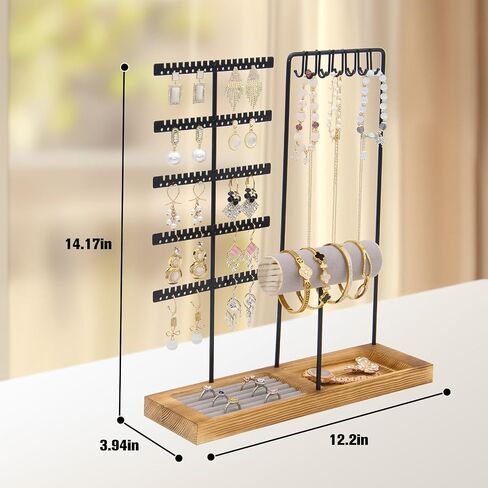 Jewelry Stand Organizer with Tray, Wooden Base Necklace Rack Tower, Jewelry Display for Rings, Earrings, Bracelets – for Bedroom, Bathroom or Boutique-Black in Saudi Arabia