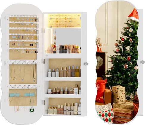 HNEBC LED Mirror Jewelry Cabinet,Wall or Door Mounted Jewelry Armoire Organizer with Lights,Lockable Wide Wavy Mirror with Storage,42.5" L Full Length Mirror with Jewelry Storage,Interior Mirror in Saudi Arabia