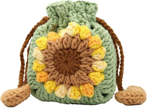 MC Fashion Hand-Knit Crochet Sunflower Drawstring Coin Purse (Green) | Boho floral style, premium soft yarn, drawstring closure, holds coins keys lipsticks, ideal gift for women and girls in Saudi Arabia