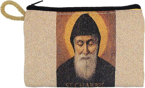 Saint Charbel Rosary Pouch | Woven Tapestry Prayer Bag with Zipper Closure | Catholic Case for Rosaries, Medals, and Small Devotionals in Kuwait