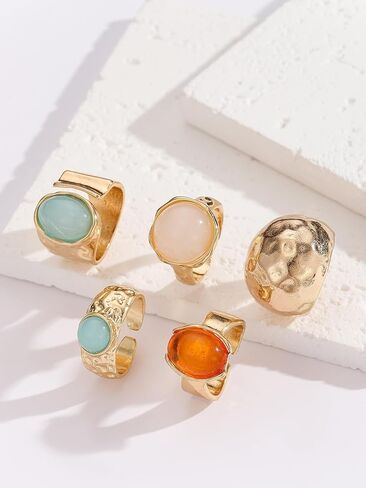 5 Pcs Stackable Chunky Knuckle Rings Set for Women, Statement Adjustable Thick Irregular Vintage Wide Colorful Stackable Boho Gemstones Rings Jewelry for Women Bridesmaid Wedding in Saudi Arabia