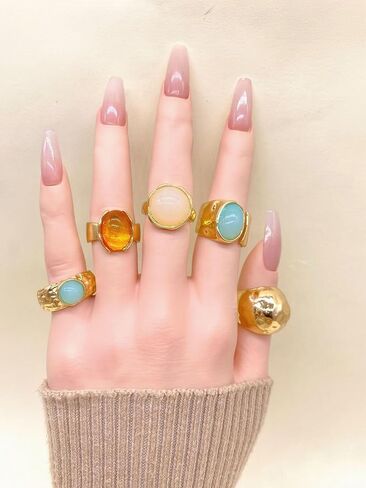 5 Pcs Stackable Chunky Knuckle Rings Set for Women, Statement Adjustable Thick Irregular Vintage Wide Colorful Stackable Boho Gemstones Rings Jewelry for Women Bridesmaid Wedding in Saudi Arabia