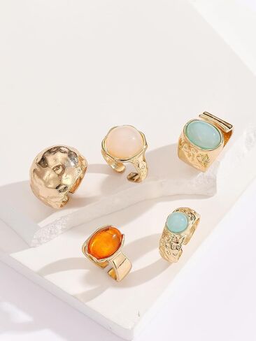 5 Pcs Stackable Chunky Knuckle Rings Set for Women, Statement Adjustable Thick Irregular Vintage Wide Colorful Stackable Boho Gemstones Rings Jewelry for Women Bridesmaid Wedding in Saudi Arabia