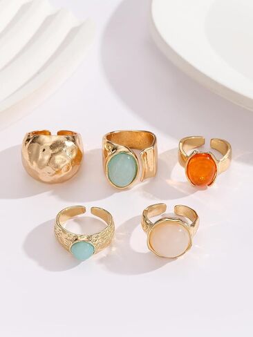 5 Pcs Stackable Chunky Knuckle Rings Set for Women, Statement Adjustable Thick Irregular Vintage Wide Colorful Stackable Boho Gemstones Rings Jewelry for Women Bridesmaid Wedding in Saudi Arabia