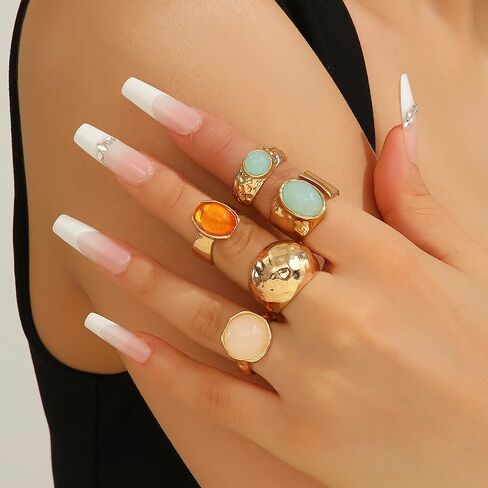 5 Pcs Stackable Chunky Knuckle Rings Set for Women, Statement Adjustable Thick Irregular Vintage Wide Colorful Stackable Boho Gemstones Rings Jewelry for Women Bridesmaid Wedding in Saudi Arabia