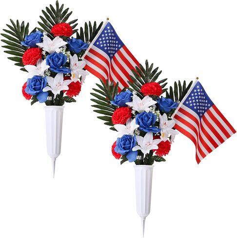 2 Sets Cemetery Flowers for Grave, Artificial Red White And Blue Rose Lily Carnation Daisy Flowers With Vase And Flags, Silk Patriotic Bouquet Grave Decorations for Cemetery Memorial Day, 4th Of July in Saudi Arabia