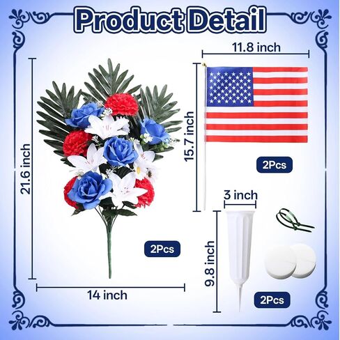2 Sets Cemetery Flowers for Grave, Artificial Red White And Blue Rose Lily Carnation Daisy Flowers With Vase And Flags, Silk Patriotic Bouquet Grave Decorations for Cemetery Memorial Day, 4th Of July in Saudi Arabia