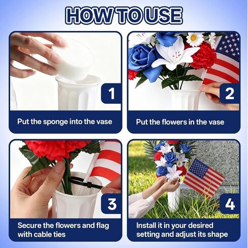 2 Sets Cemetery Flowers for Grave, Artificial Red White And Blue Rose Lily Carnation Daisy Flowers With Vase And Flags, Silk Patriotic Bouquet Grave Decorations for Cemetery Memorial Day, 4th Of July in Saudi Arabia