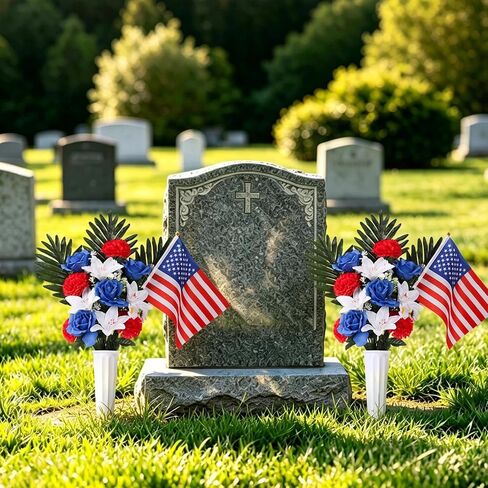 2 Sets Cemetery Flowers for Grave, Artificial Red White And Blue Rose Lily Carnation Daisy Flowers With Vase And Flags, Silk Patriotic Bouquet Grave Decorations for Cemetery Memorial Day, 4th Of July in Saudi Arabia