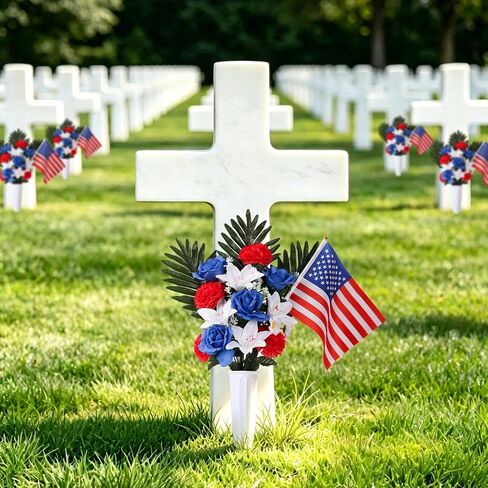 2 Sets Cemetery Flowers for Grave, Artificial Red White And Blue Rose Lily Carnation Daisy Flowers With Vase And Flags, Silk Patriotic Bouquet Grave Decorations for Cemetery Memorial Day, 4th Of July in Saudi Arabia