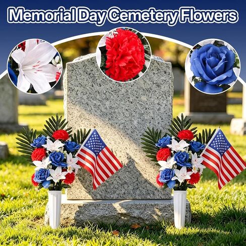 2 Sets Cemetery Flowers for Grave, Artificial Red White And Blue Rose Lily Carnation Daisy Flowers With Vase And Flags, Silk Patriotic Bouquet Grave Decorations for Cemetery Memorial Day, 4th Of July in Saudi Arabia
