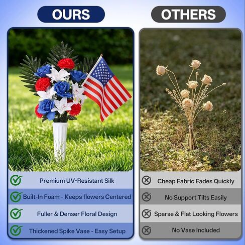 2 Sets Cemetery Flowers for Grave, Artificial Red White And Blue Rose Lily Carnation Daisy Flowers With Vase And Flags, Silk Patriotic Bouquet Grave Decorations for Cemetery Memorial Day, 4th Of July in Saudi Arabia