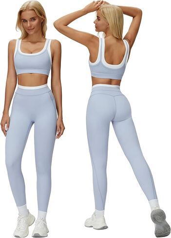 AGYMNX ملابس اليوغا النسائية ضغط مضلع لوحة التباين حمالة صدر رياضية بعقب رفع طماق 2 قطعة Jogger الجري مجموعات in Kuwait