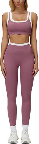 AGYMNX Women's Yoga Outfits Compression Ribbed Contrast Panel Sports Bra Butt-lifting Leggings 2 Piece Jogger Running Sets in Saudi Arabia