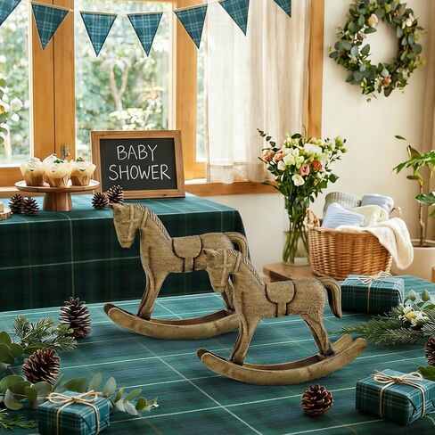 6 Pcs Wooden Rocking Horse Statue, Baby Shower Rocking Horse Table Decor Vintage Animal Figurine for Blue Green Tartan Plaids Wedding Birthday Party Mini Sculpture for Cabinet Desktop Shelf in Saudi Arabia