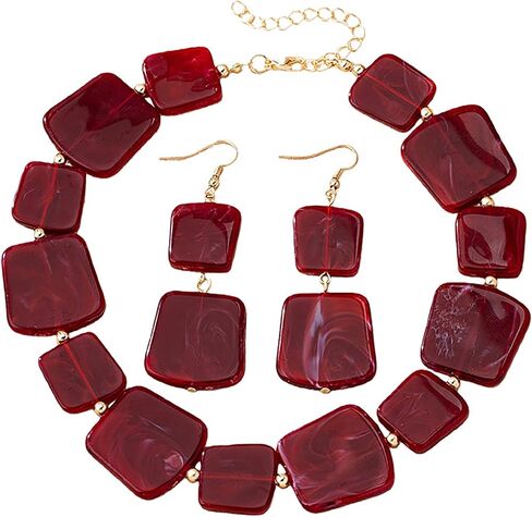 Chunky Acrylic Wine Red Choker Necklace Earring Set Adjustable Resin Geometric Square Beaded Necklace Trendy Wedding Party Statement Jewelry Accessories for Women in Saudi Arabia