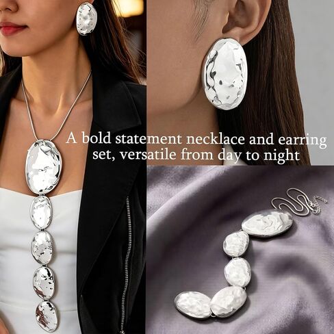 Oversized Statement Necklace Earrings Set for Women, Hammered Oval Long Pendant Necklace,Chunky Bold Dangle Earrings,Boho Chunky Jewelry Set for Party, Wedding, Prom, Cocktail in Saudi Arabia