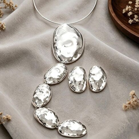 Oversized Statement Necklace Earrings Set for Women, Hammered Oval Long Pendant Necklace,Chunky Bold Dangle Earrings,Boho Chunky Jewelry Set for Party, Wedding, Prom, Cocktail in Saudi Arabia