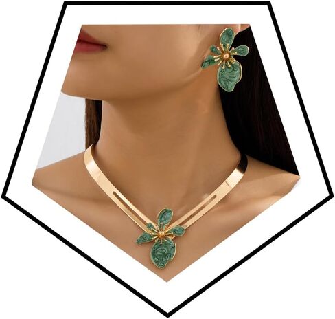 Boho Green Flower Jewelry Set for Women 14K Gold Plated Floral Earring Necklace Set Enamel Statement Choker Necklace Earrings Set Wedding Party Summer Beach Vacation Fashion Jewelry Accessary in Saudi Arabia