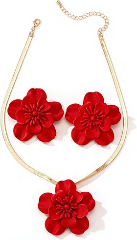 1 Set Vintage Flower Necklace and Earring,Gold Tone Flat Snake Chain,Bohemian Red Flowers Choker Necklaces,Hypoallergenic Statement Flower Stud Earrings,Summer Beach Statement Necklace(Red) in Saudi Arabia