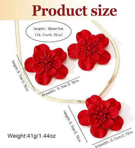 1 Set Vintage Flower Necklace and Earring,Gold Tone Flat Snake Chain,Bohemian Red Flowers Choker Necklaces,Hypoallergenic Statement Flower Stud Earrings,Summer Beach Statement Necklace(Red) in Saudi Arabia