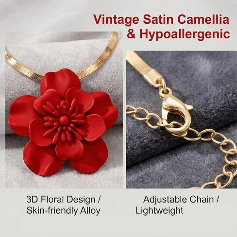 1 Set Vintage Flower Necklace and Earring,Gold Tone Flat Snake Chain,Bohemian Red Flowers Choker Necklaces,Hypoallergenic Statement Flower Stud Earrings,Summer Beach Statement Necklace(Red) in Saudi Arabia