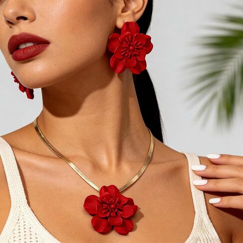 1 Set Vintage Flower Necklace and Earring,Gold Tone Flat Snake Chain,Bohemian Red Flowers Choker Necklaces,Hypoallergenic Statement Flower Stud Earrings,Summer Beach Statement Necklace(Red) in Saudi Arabia