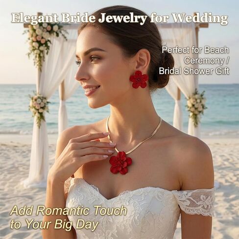 1 Set Vintage Flower Necklace and Earring,Gold Tone Flat Snake Chain,Bohemian Red Flowers Choker Necklaces,Hypoallergenic Statement Flower Stud Earrings,Summer Beach Statement Necklace(Red) in Saudi Arabia