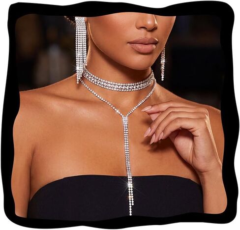 Aukmla Rhinetsone Jewelry Sets Silver Long Diamond Choker Necklace Set Prom Wedding Jewelry for Women in Kuwait