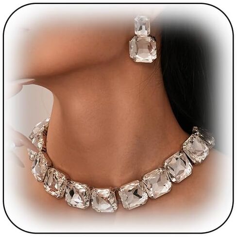 Bling Silver Crystal Statement Necklace Earring for Women Chunky Large Rhinestone Collar Necklaces Square Dangle Earrings Trendy Rectangular Jewelry Set in Kuwait