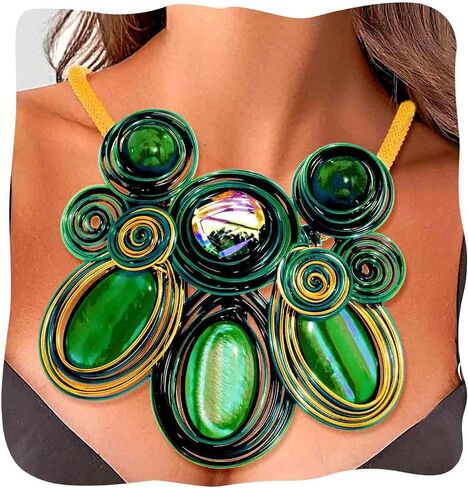 Fstrend Green Chunky African Statement Necklace and Earring Sets for Women, Tribal Jewelry Set, Big Rhinestone Crystal Pendant in Saudi Arabia