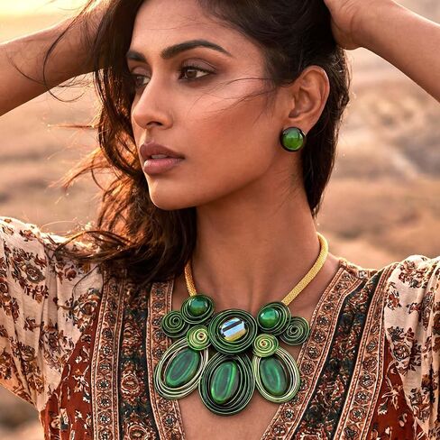 Fstrend Green Chunky African Statement Necklace and Earring Sets for Women, Tribal Jewelry Set, Big Rhinestone Crystal Pendant in Saudi Arabia