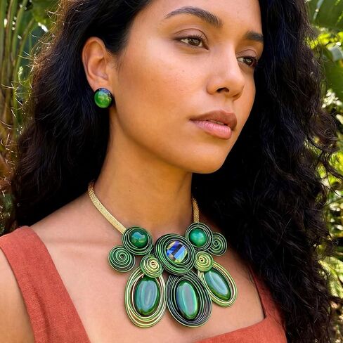 Fstrend Green Chunky African Statement Necklace and Earring Sets for Women, Tribal Jewelry Set, Big Rhinestone Crystal Pendant in Saudi Arabia