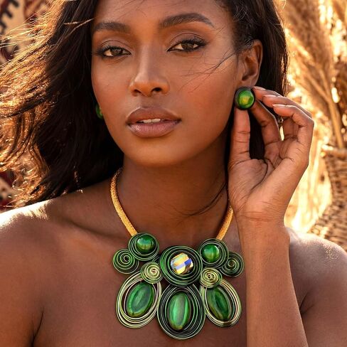 Fstrend Green Chunky African Statement Necklace and Earring Sets for Women, Tribal Jewelry Set, Big Rhinestone Crystal Pendant in Saudi Arabia
