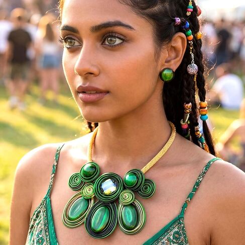 Fstrend Green Chunky African Statement Necklace and Earring Sets for Women, Tribal Jewelry Set, Big Rhinestone Crystal Pendant in Saudi Arabia