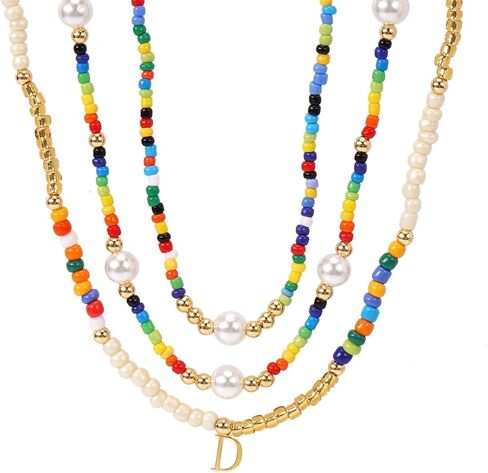 Initial Colorful Choker Stackable Seed Bubble Beaded Necklace Set For Women, Boho Handmade Freshwater Pearl Gold Letter Adjustable Jewelry, Holiday Party Personalized Friendship Gift in Saudi Arabia