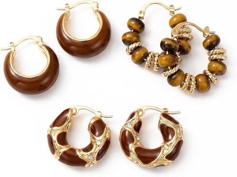 3 Pair Brown Hoop Earrings Set For Women Vintage Boho Drop Jewelry Earthy Polished Chunky Statement Pieces Trendy Everyday Fashion Accessories in Saudi Arabia