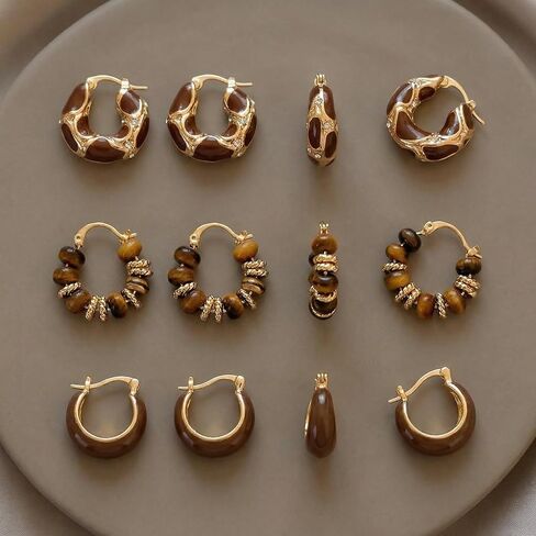3 Pair Brown Hoop Earrings Set For Women Vintage Boho Drop Jewelry Earthy Polished Chunky Statement Pieces Trendy Everyday Fashion Accessories in Saudi Arabia