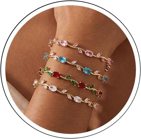 4-Piece Flower Bracelet Set for Women, 18K Gold Plated - AAA Cubic Zirconia Gemstone, Dainty Vintage Trendy Stackable Floral Leaf Bracelets Multi Color, Waterproof, Non Tarnish, Fashion Jewelry Accessories, Gift Idea for Mother's Day, Valentine's Day, Chr in Kuwait